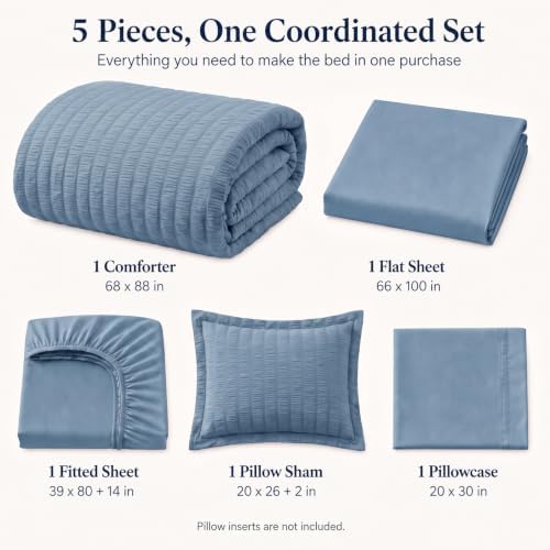 CozyLux Twin XL Comforter Set 5 Pieces Grayish Blue Seersucker Bed in a Bag
