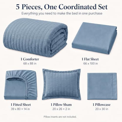 CozyLux Twin XL Comforter Set 5 Pieces Grayish Blue Seersucker Bed in a Bag