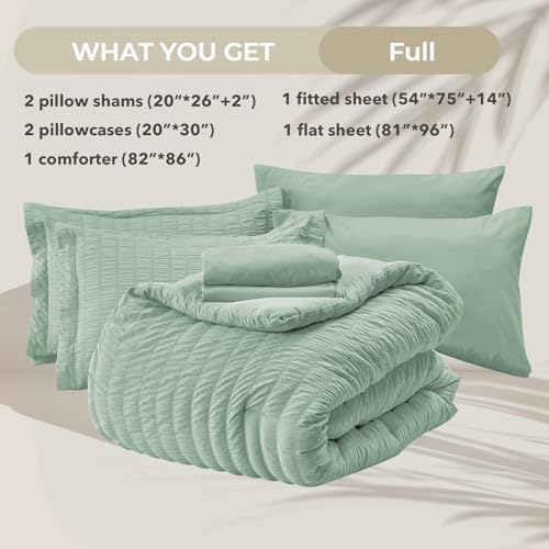 HYMOKEGE Sage Green Full Size Comforter Sets Seersucker 7 Pieces, All Season Luxury Bed in a Bag for Bedroom, Bedding Set with Comforters, Sheets, Pillowcases & Shams