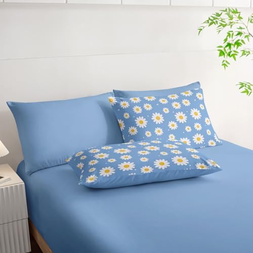 7Pcs Comforter Set Daisy Flowers Printed Bedding Set with 1 Comforter,1 Flat Sheet,1 Fitted Sheet and 4 Pillowcases for Men and Women Bedroom All Season(Twin)