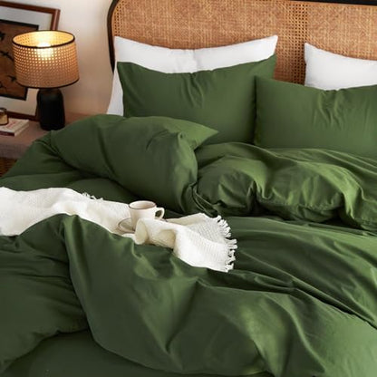Wake In Cloud - Cotton Duvet Cover Set, 100% Washed Cotton, Linen Like Textured, Breathable Durable Comfy Farmhouse Neutral Bedding Set, 3 Pieces, Olive Green, Queen Size