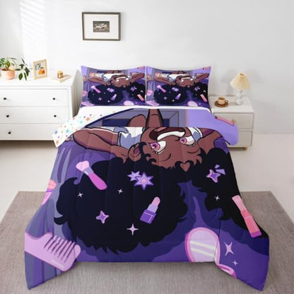 Black Princess Girl Comforter Set Full Size,African American Cartoon Cosmetic Kids Bedding Set,Star Magical Cute Y2K Chic Quilt Comforter,Purple Duvet Insert,2 Pillowcases