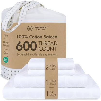 Threadmill 100% Cotton Sheets for Queen Size Bed - 600 Thread Count Queen Bed Sheets Set with 16” Deep Pocket - Jacquard Sateen Weave 4-Piece Bedding Set with Cooling Effect, White