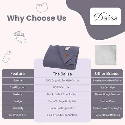 Dalisa 100% Organic Turkish Cotton Throw Blanket - GOTS Certified, Cozy - Perfect for Couch, Bed, and Home Decor - Boho Vintage Knit Alina (Grey Blue, 60x80)