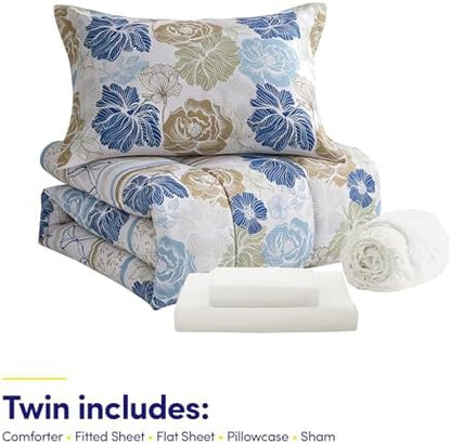 Floral Comforter Set Twin Size with Sheets Bed in a Bag – Deep Pocket Fitted Sheet with Elastic Corners, Cozy Comforter, Pillowcases & Shams – Soft Microfiber All Season Bedding – Machine Washable