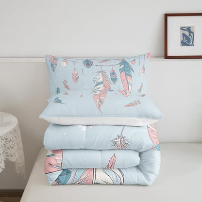 Homewish Blue Pink Feathers Comforter Set,Bohemian Style Bedding Set for Kids Girls Boys,Teens Adults Tribe Exotic Comforter,Dreamcatcher Quilted Duvet Set Bedroom Collection Twin Size 2Pcs