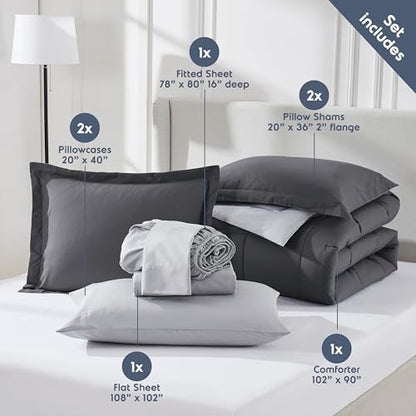 Nestl 9 Piece King Comforter Set – Dark Grey Reversible Bed in a Bag – Complete King Size Bedding Set with Sheets, Set of 2 Cooling Pillows, Pillowcases and Shams