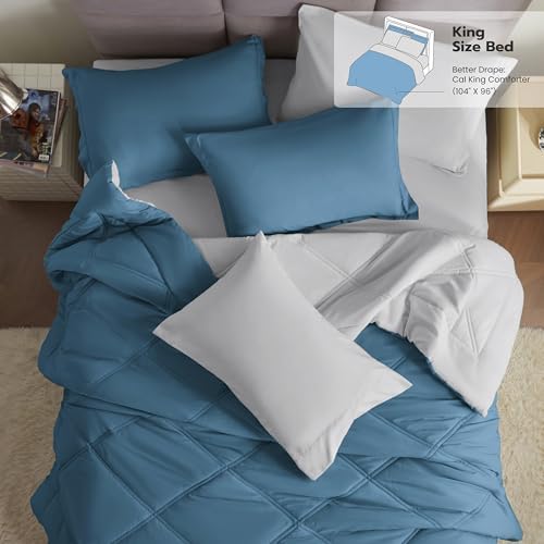 JOIEDOMI California King Comforter Set with Sheets Blue, 7 Pieces Bedding Set with 1 Down Alternative Comforter, 1 Flat Sheet, 1 Fitted Sheet, 2 Pillowcases and 2 Pillow Shams Bed in a Bag All Seasons