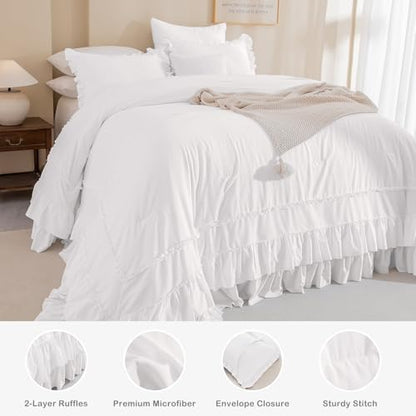 Masaca 120x120 Oversized King Comforter,Farmhouse Shabby Boho Chic Netural White Ruffle California King Comforter Set French Country Rustic Bedding 3PCS (1 Ruffled Comforter+2 Pillow Shams)