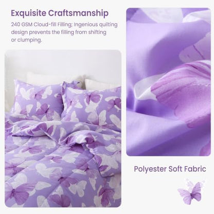 Mooreeke Purple Queen Size Comforter Sets, Lightweight Butterfly Printed Bedding for All Seasons, 3-Piece Vintage Bed in a Bag with Fluffy Quilted Reversible Comforter & 2 Pillow Shams
