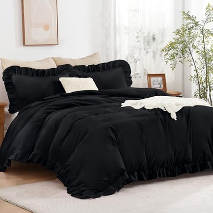 Andency Black Ruffle Duvet Cover Full, Shabby Chic Farmhouse Bedding Set