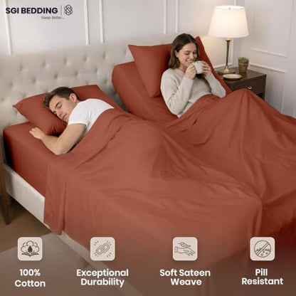 SGI Split King Sheet Set for Adjustable Bed Egyptian Premium Cotton Sheets for Sleep Number Bed 15" Deep Pocket 5 Pc Set with 2 Twin XL Fitted Sheets Soft Breathable -Terracotta