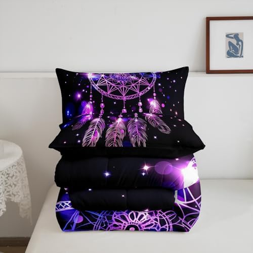Erosebridal Dream Catcher Feather Comforter Set, Bohemian Mandala Down Comforter Full Size for Kids Girls Boys, Starry Sky Galaxy Bedding Set Boho Tie Dye Exotic Flower Quilted Duvet, Purple
