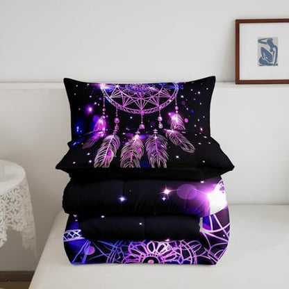 Erosebridal Dream Catcher Feather Comforter Set, Bohemian Mandala Down Comforter Full Size for Kids Girls Boys, Starry Sky Galaxy Bedding Set Boho Tie Dye Exotic Flower Quilted Duvet, Purple