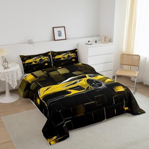 Erosebridal Race Car Bedding Set Queen Size Yellow Racing Car Comforter Set for Kids Boys Teens 3 Pieces 3D Square Bedding Comforter Sets Speed Sports Car Geometric Down Comforter