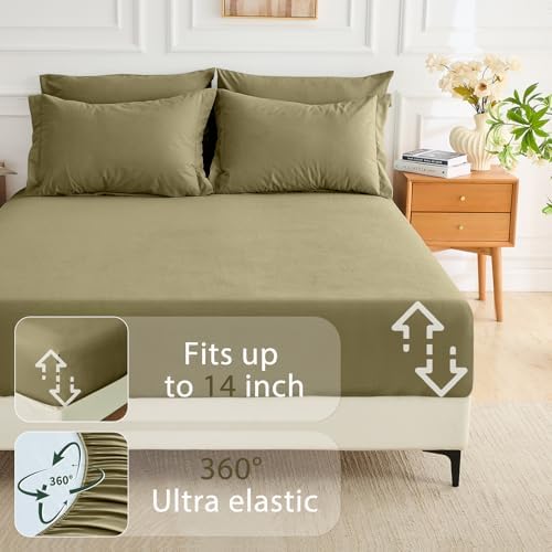 MUXHOMO 7 Pieces Oversized Queen Comforter Set, Soft Bed in a Bag Oversized Queen Size, All Season Bedding Set with Comforter, Flat Sheet, Fitted Sheet, Pillowcases & Shams, Olive Green