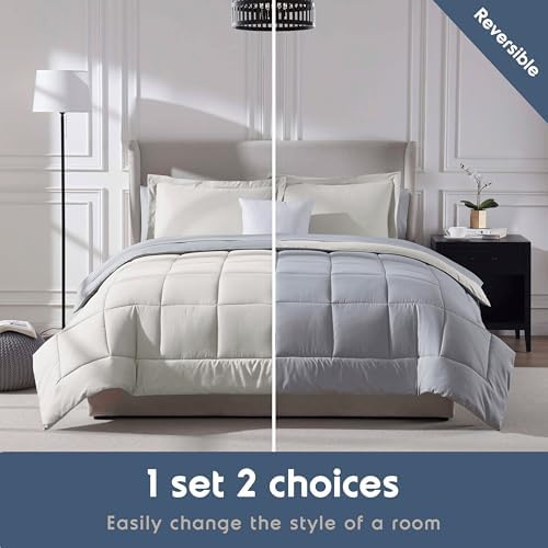 Nestl 9 Piece Queen Comforter Set – Off White Reversible Bed in a Bag – Complete Queen Size Bedding Set with Sheets, Set of 2 Cooling Pillows, Pillowcases and Shams