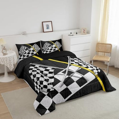 Manfei Race Car Flag Comforter Set King Size, Black White Checkered Flag Bedding Set 3pcs for Kids Boys Girls, Racing Game Sport Theme Quilt Set Abstract Plaid Duvet Set with 2 Pillowcases