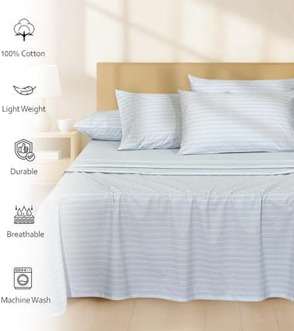 RUVANTI 100% Cotton Queen Sheets, Percale Queen Sheet Set, Horizon Stripes