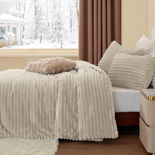 BEDELITE Fleece Full Comforter Set, Fluffy Bed Set, Linen