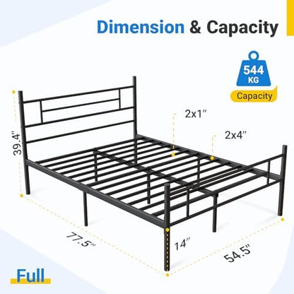 Avenco Metal Platform Bed Frame Full Size with Classical Headboard and Footboard, 14 Inch, Under Bed Storage, Strong Metal Slats Support, Mattress Foundation, No Box Spring Needed