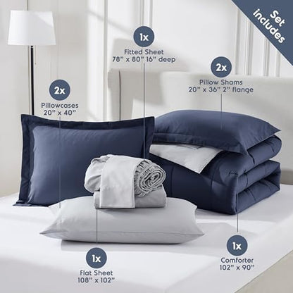 Nestl 9 Piece King Comforter Set – Navy Reversible Bed in a Bag – Complete King Size Bedding Set with Sheets, Set of 2 Cooling Pillows, Pillowcases and Shams