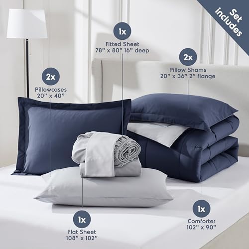 Nestl 9 Piece King Comforter Set – Navy Reversible Bed in a Bag – Complete King Size Bedding Set with Sheets, Set of 2 Down Alternative Pillows, Pillowcases and Shams
