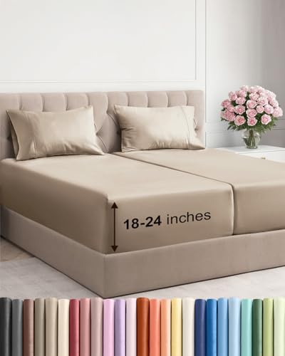 Extra Deep Split King Sheet Set - 5 Piece Breathable Cooling Sheets - Cream