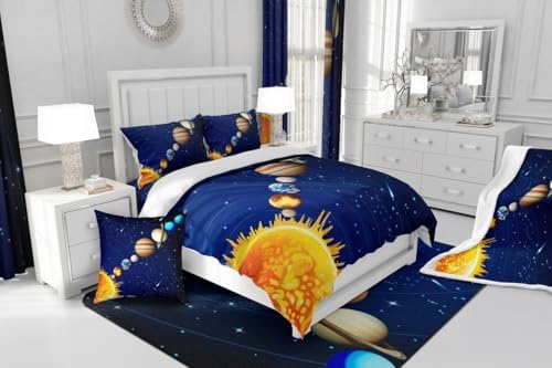 Erosebridal Boys Outer Space Bedding Set, Kids Galaxy Nebula Comforter Set Queen Size, Starry Sky Cosmos Down Comforter for Children Girls, Solar System Starry Landscape Quilted Duvet, Blue Purple