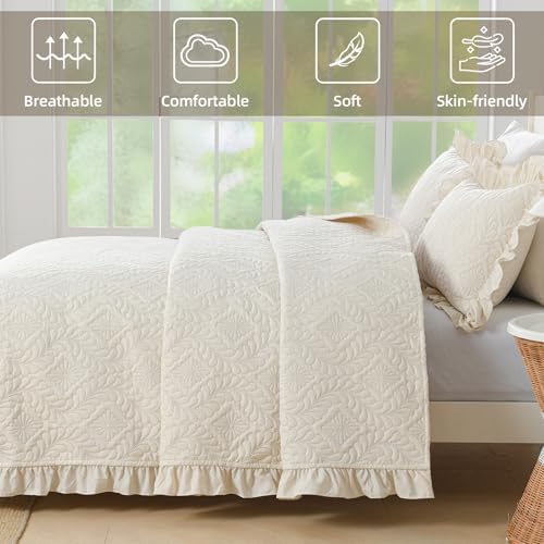 DJY Quilts Queen Size, Ruffled Reversible Bedding Set, Beige