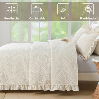 DJY Quilts Queen Size, Ruffled Reversible Bedding Set, Beige