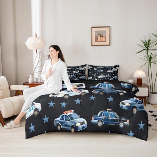 Erosebridal Police Car King Bed in A Bag for Boys, Cartoon Car Comforter Set with Sheets for Kids Teens Youth Men Bedroom, Policeman Vehicle 7 Pieces Bedding Set, Star Black Bed Sets, Microfiber