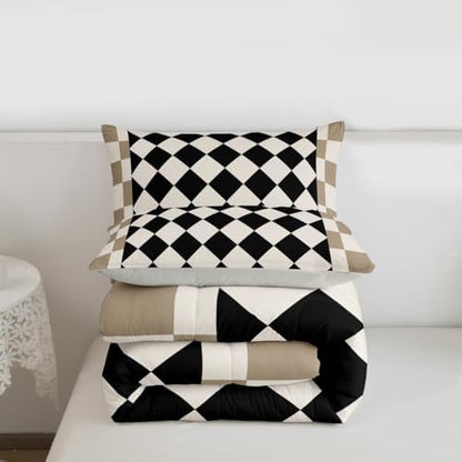 Feelyou Checkered Kids Comforter Set Toddler Size Beige Brown Plaid Bedding Set Geometric Groovy Aesthetic Duvet Quilt for Kids Boys Girls Bedroom Reversible Grey Decor