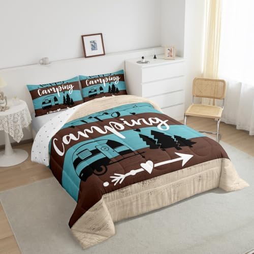 Manfei Happy Camping RV Kids Comforter Set King Size,Pine Wooden Cabin Rustic Farmhouse Bedding Set,Girls Boys Room Decor,Adventure Camper Quilt Comforter,Blue Country Duvet Insert,2 Pillowcases