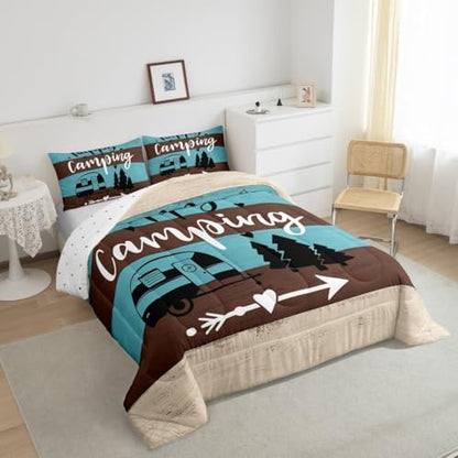 Manfei Happy Camping RV Kids Comforter Set Twin Size,Pine Wooden Cabin Rustic Farmhouse Bedding Set,Girls Boys Room Decor,Adventure Camper Quilt Comforter,Blue Country Duvet Insert,1 Pillowcase