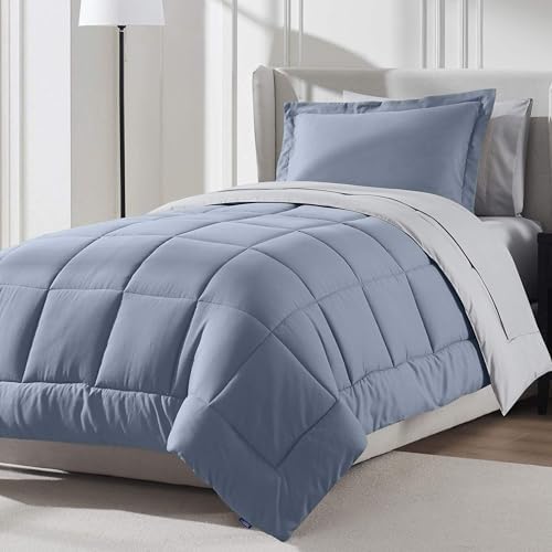 Nestl 7 Piece Twin XL Comforter Set – Stone Blue Reversible Bed in a Bag – Complete Twin XL Size Bedding Set with Sheets, Set of 2 Down Alternative Pillows, Pillowcase and Sham