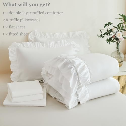 ANGIYUIN 5 Pieces White Twin Size Comforter Set Double Ruffled Bed in A Bag