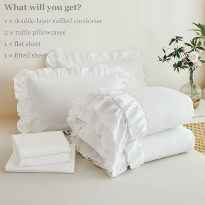 ANGIYUIN 5 Pieces White Twin Size Comforter Set Double Ruffled Bed in A Bag