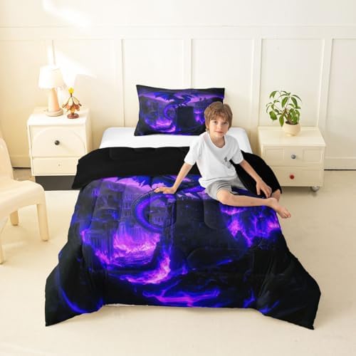Feelyou Dragon Bedding Set Soft for Boys Girls, Fantasy Animal Comforter Set Toddler Size Jungle Duvet Quilt Microfiber Wild Animal Bedroom Decor Magical Beast 2 Pcs with 1 Pillow Cases