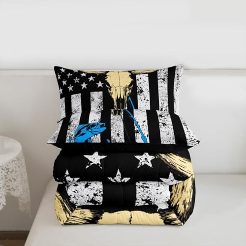 Erosebridal American Flag Bedding Sets Full, Hunting Fishing Comforter Set Cow Skull Quilted Duvet Fishing Rod United States Geometric Stripes Duvet Sets for Kids Teens Adult Bedroom, Black White