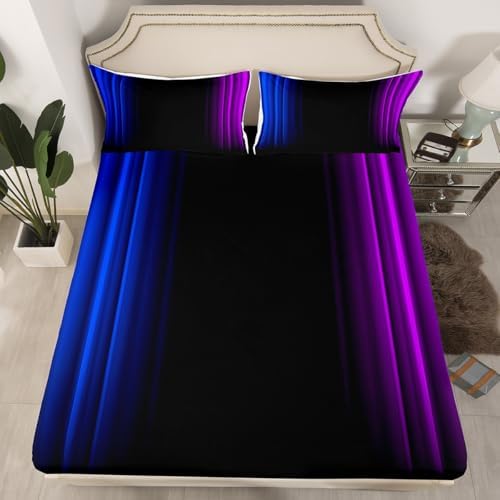 Feelyou Teens Abstract Ombre Decorations Bedding Set for Kids Women Blue Purple and Black Bed Sheets Set Geometric Modern Fitted Sheet Sets Room 3Pcs Twin Size