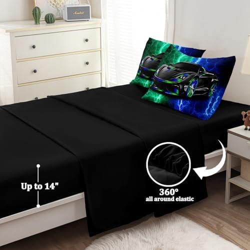5 Pcs Twin Car Bedding Sets for Boys Teen, Blue Green Lightnings Car Twin Comforter Set for Boys, Twin Boy Bedding Set