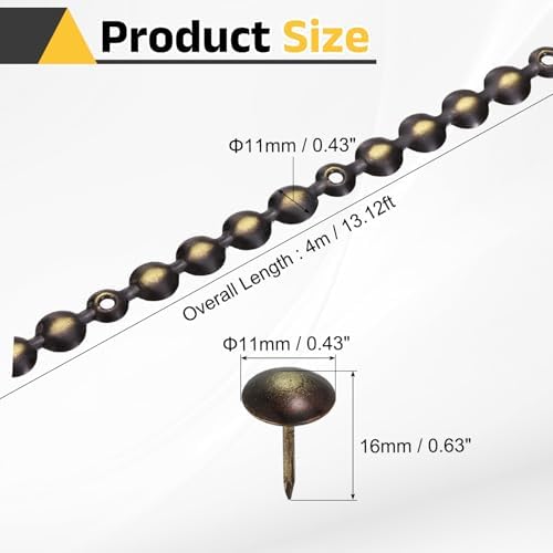 uxcell Upholstery Nailhead Trim, 4 Meters Glossy Upholstery Tacks Strips, Decorative Nail Trims with Nails for Sofa Headboard, Chair DIY Furniture Accessory (11mm Black-Gold)