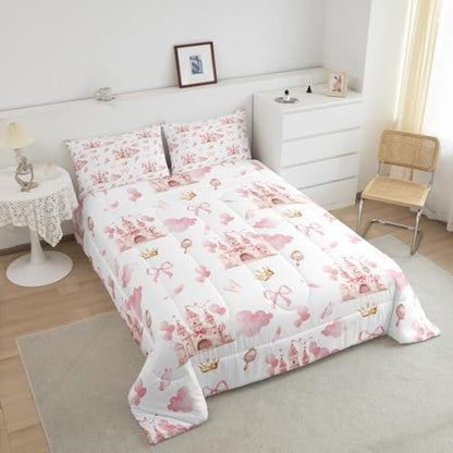 Feelyou Kids Pink Castle Duvet Insert Toddler Size, Cute Bowknot Comforter Set Boys Girls Girls Dreamy House Bedding Set Fairytale Teens Bedroom Decor Bed Set 2Pcs
