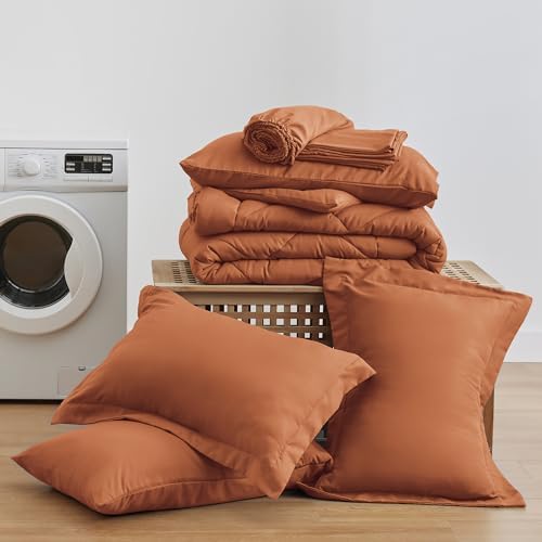 Love's cabin Oversized Queen Comforter Set Terracotta, 7 Pieces Bed in a Bag, All Season Queen Bedding Sets with 1 Comforter, 1 Flat Sheet, 1 Fitted Sheet, 2 Pillowcase and 2 Pillow Sham