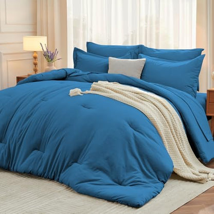 MUXHOMO 7 Pieces Oversized King Comforter Set, Soft Bed in a Bag Oversized King Size, All Season Bedding Set with Comforter, Flat Sheet, Fitted Sheet, Pillowcases & Shams, Bluish Green