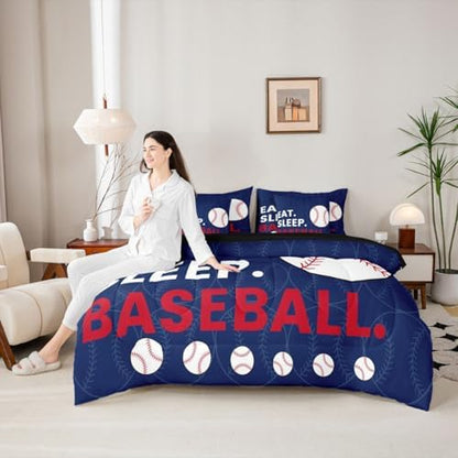 Erosebridal Kids Baseball Games Navy Blue Comforter Set Queen Size 7 Pieces | Softball Sports Gaming Bed in A Bag White Red Bed Set Boys Girls Teens Bedding