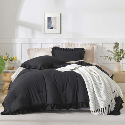 Andency Black Ruffle Comforter Oversized Queen, 3 Pcs Solid Farmhouse Bed