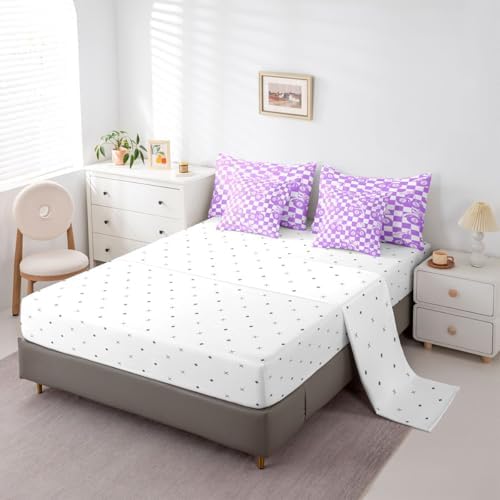 Lucky 8 Ball 7 Piece Bedding Set King Purple Fashion Y2K Comforter Set For Kids Boys Girls Coquette Bow Bed In A Bag With Sheets Violet White Checkered Plaid Bed Set Trendy Aesthetic Preppy Room Decor