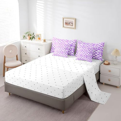 Lucky 8 Ball 7 Piece Bedding Set King Purple Fashion Y2K Comforter Set For Kids Boys Girls Coquette Bow Bed In A Bag With Sheets Violet White Checkered Plaid Bed Set Trendy Aesthetic Preppy Room Decor